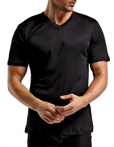 geest Marine Mooi Zijden T-Shirt V-Hals inSilk Silkbasics Zwart